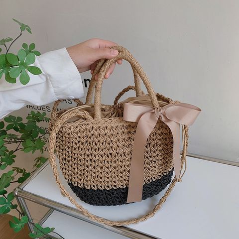 Women's Straw Color Block Solid Color Classic Style Hollow String Bucket Bag