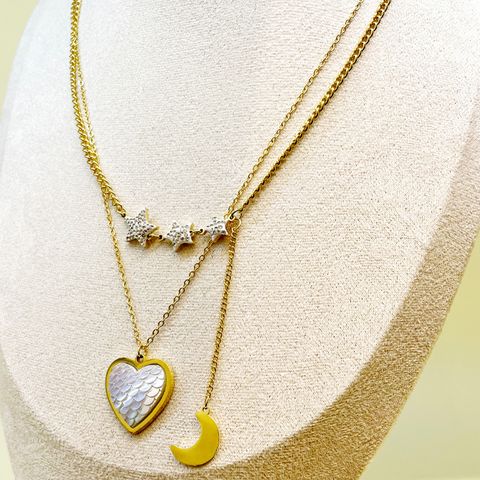 304 Stainless Steel Vacation Sweet Shiny Inlay Star Moon Heart Shape Shell Zircon Double Layer Necklaces