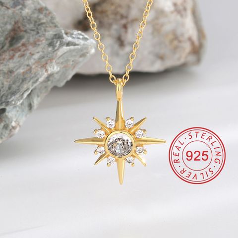Sterling Silver 18K Gold Plated Simple Style Inlay Sun Star Heart Shape Zircon Pendant Necklace