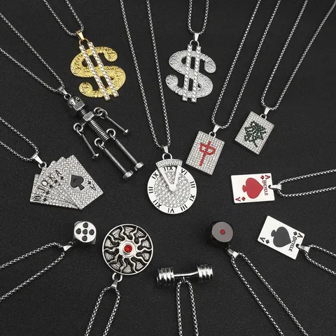 Hip-Hop Robot Mahjong Poker Zinc Alloy 201 Stainless Steel Inlay Rhinestones Men's Pendant Necklace