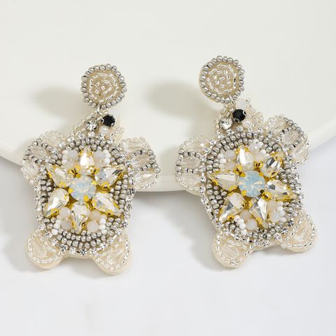 1 Pair Cute Vacation Beach Tortoise Beaded Handmade Inlay Seed Bead Rhinestones Drop Earrings