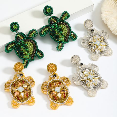 1 Pair Cute Vacation Beach Tortoise Beaded Handmade Inlay Seed Bead Rhinestones Drop Earrings