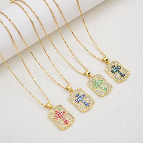 Copper 18K Gold Plated Simple Style Enamel Inlay Cross Shell Zircon Pendant Necklace