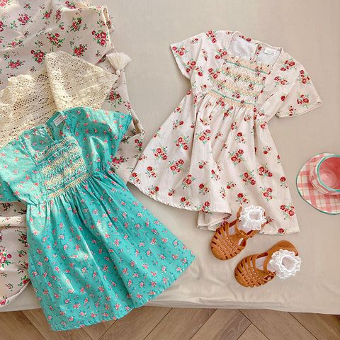 Cute Flower Printing Cotton Girls Dresses