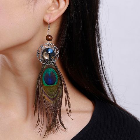1 Pair Y2K Bohemian Beach Feather Inlay Feather Glass Silver Plated Drop Earrings