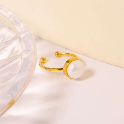 Titanium Steel Simple Style Handmade Inlay Round Pearl Open Rings