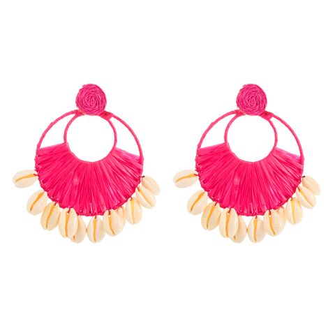 1 Pair Ethnic Style Beach Color Block Braid Raffia Shell Drop Earrings