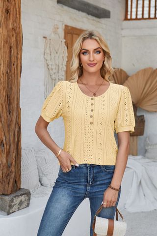 Women's T-shirt Short Sleeve T-Shirts Patchwork Button Simple Style Solid Color