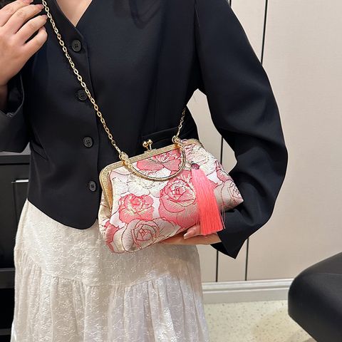Women's Medium Nylon Flower Vintage Style Embroidery Square Clasp Frame Crossbody Bag