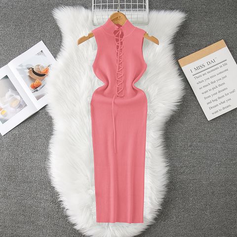 Women's Tank Dress Casual High Neck Hollow Out Sleeveless Solid Color Maxi Long Dress Daily