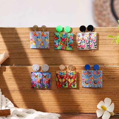 1 Pair Vacation Colorful Flower Butterfly Printing Arylic Drop Earrings