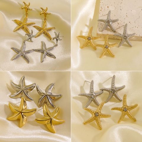 1 Pair Casual Sweet Starfish Inlay 304 Stainless Steel Zircon 18K Gold Plated Drop Earrings Ear Studs