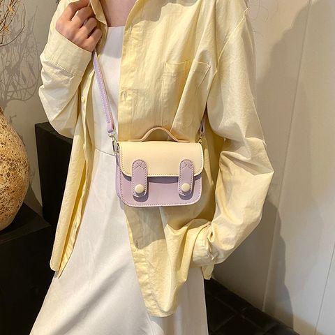 Women's Medium Pu Leather Color Block Cute Square Magnetic Buckle Crossbody Bag