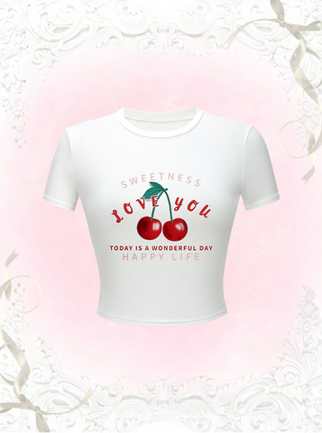 Women's T-shirt Short Sleeve T-Shirts Printing Y2K Letter Cherry