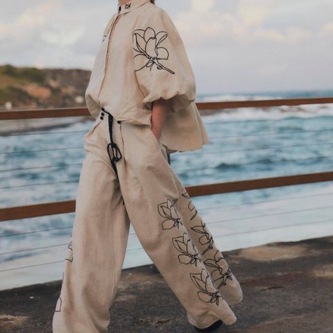 Täglich Frau Vintage-Stil Blume Leinen Polyester Hosen-Sets Hosen-Sets
