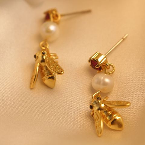 Exaggerated Novelty Cool Style Bee Sterling Silver Inlay Freshwater Pearl Zircon Drop Earrings 1 Pair