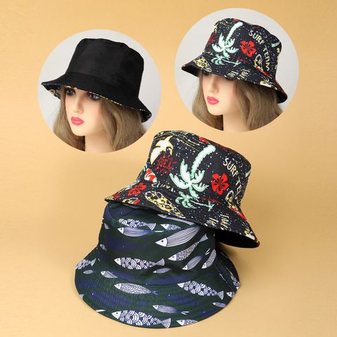 Women's Vacation Beach Animal Coconut Tree Fish Printing Wide Eaves Bucket Hat