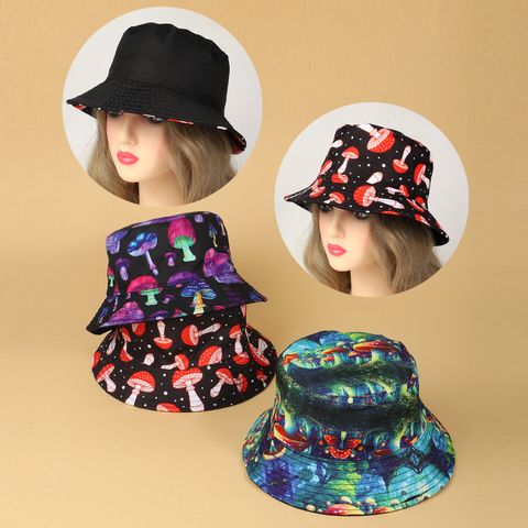 Unisex Hawaiian Beach Mushroom Printing Wide Eaves Bucket Hat