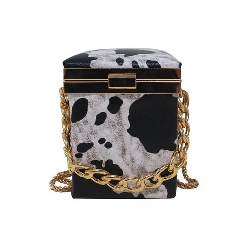 Women's Small Pu Leather Cows Zebra Leopard Cute Streetwear Square Lock Clasp Box Bag