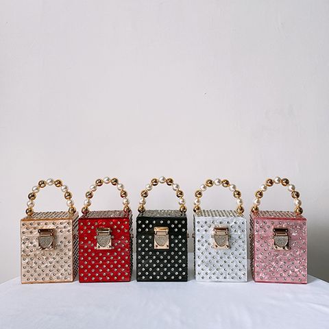 Black White Red PVC Solid Color Rhinestone Square Evening Bags