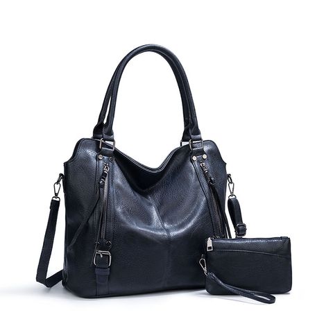 Women's Large Pu Leather Solid Color Vintage Style Zipper Bag Sets Tote Bag