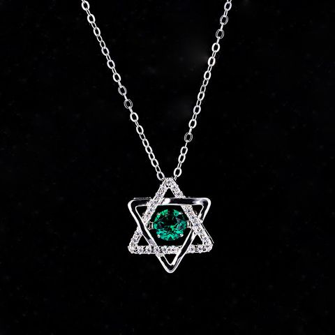 Sterling Silver IG Style Shiny Hollow Out Inlay Pentagram Lab-grown Gemstone Pendant Necklace