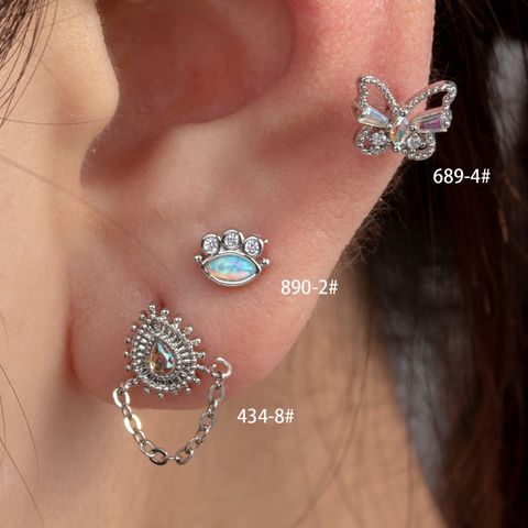 1 Piece Casual French Style Water Droplets Butterfly Chain Inlay Copper Zircon Cartilage Earrings