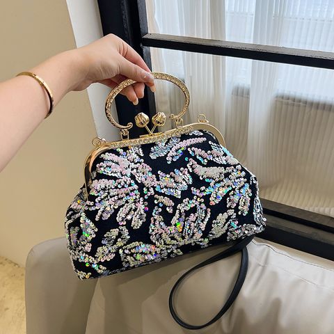 Women's Medium Sequin Solid Color Vintage Style Classic Style Sequins Shell Clasp Frame Crossbody Bag