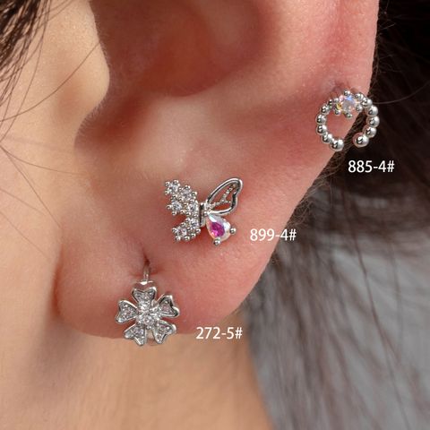 1 Piece Casual French Style Simple Style Flower Butterfly Inlay Copper Zircon Cartilage Earrings