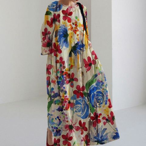 Women's Regular Dress Vacation Round Neck Printing Pocket Short Sleeve Flower Midi Dress Daily Beach
