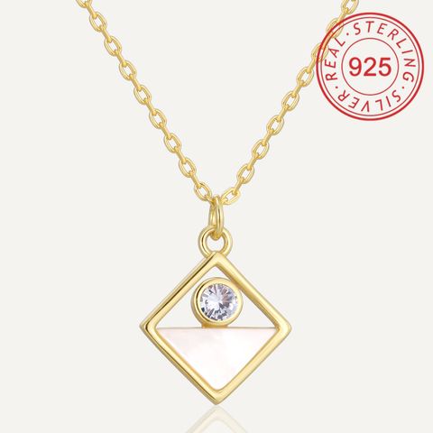 Sterling Silver 14K Gold Plated IG Style Simple Style Hollow Out Inlay Round Rhombus Shell Shell Zircon Pendant Necklace