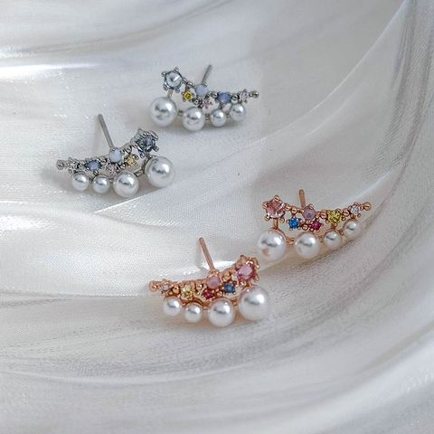 1 Pair IG Style Elegant Lady Geometric Crown Inlay Artificial Pearl Copper Zircon Ear Studs