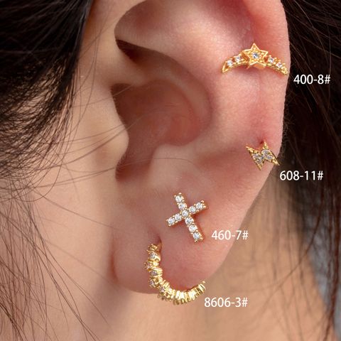 1 Piece Casual French Style Cross Star Lightning Inlay Copper Zircon Cartilage Earrings