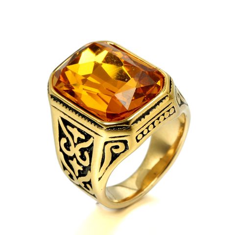 Hip-Hop Square 304 Stainless Steel Gem 18K Gold Plated Unisex Rings