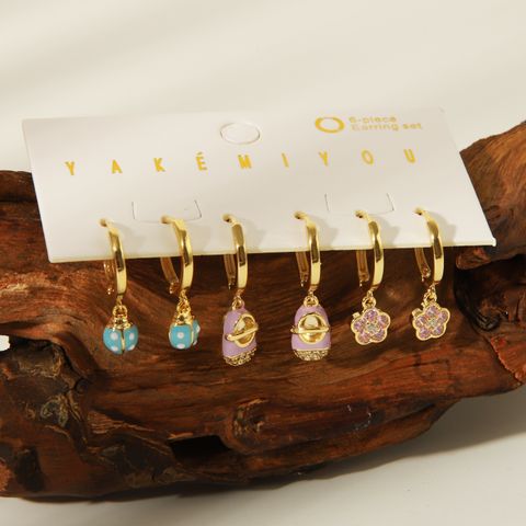 1 Set Yakemiyou Casual Beetles Flower Shoe Enamel Inlay Copper Zircon 14K Gold Plated Drop Earrings
