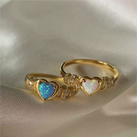 Wholesale IG Style Simple Style Heart Shape Copper Inlay 18K Gold Plated Opal Zircon Rings