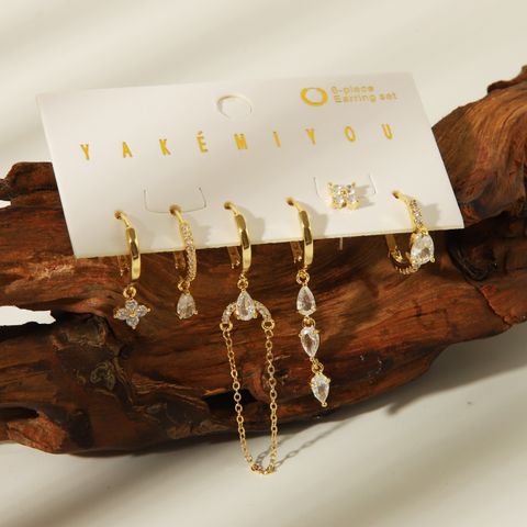1 Set Yakemiyou Casual Water Droplets Asymmetrical Chain Inlay Copper Zircon 14K Gold Plated Earrings
