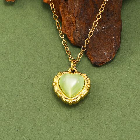 Titanium Steel Elegant Retro Heart Shape Plating Inlay Opal Pendant Necklace