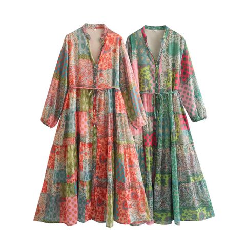 Women's Regular Dress Vacation V Neck Button Long Sleeve Flower Maxi Long Dress Daily Beach