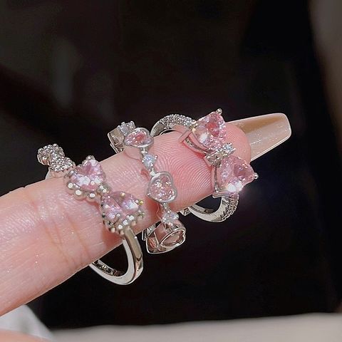 Wholesale Jewelry IG Style Cute Sweet Heart Shape Bow Knot Alloy Zircon Inlay Open Rings