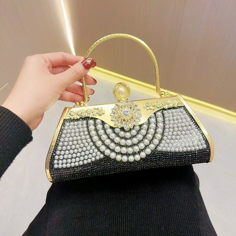 Gold Silver Black Pu Leather Solid Color Pearls Square Evening Bags