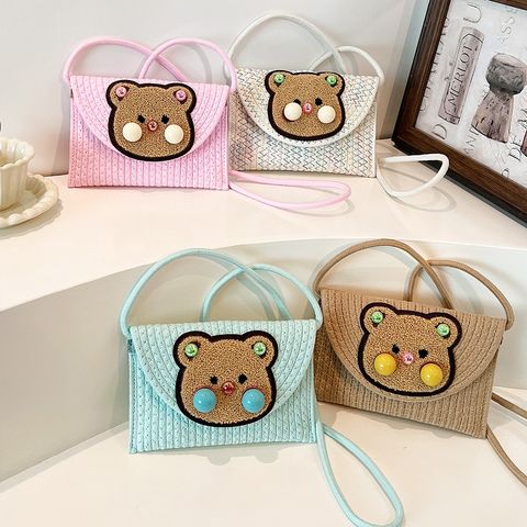 Women's Small Cotton And Linen Little Bear Cute Weave Square Flip Cover Crossbody Bag