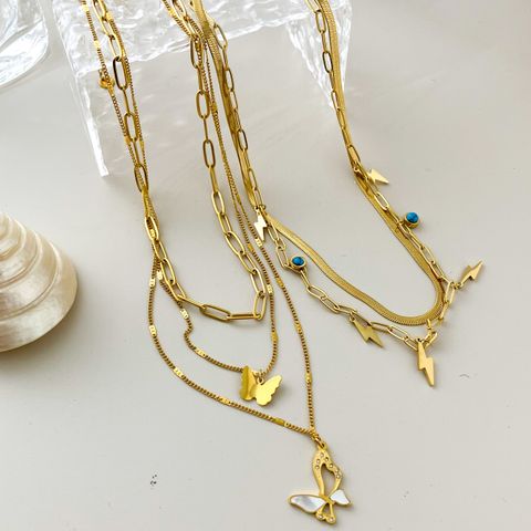 304 Stainless Steel Gold Plated Casual Sweet Layered Lightning Natural Stone Shell Layered Necklaces