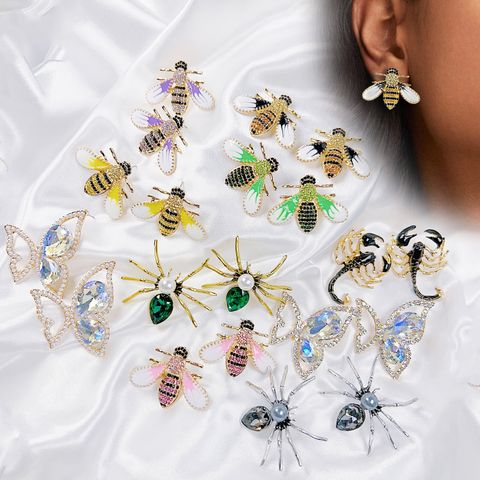 1 Pair Simple Style Classic Style Shiny Spider Bee Butterfly Painted Three-dimensional Inlay Copper Artificial Crystal Ear Studs