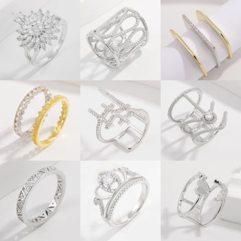 Sterling Silver White Gold Plated Elegant Lady Streetwear Inlay Geometric Crown Flower Zircon Rings