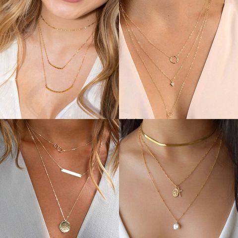 Copper 14K Gold Plated Casual Novelty Classic Style Plating Triangle Cross Circle Three Layer Necklace