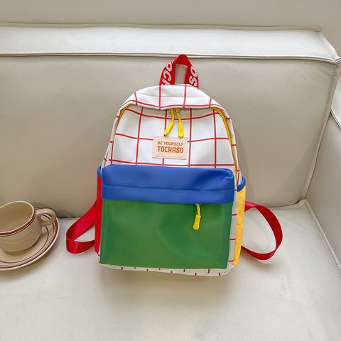 Waterproof 15 Inch Color Block Grid Casual Holiday Kids Backpack