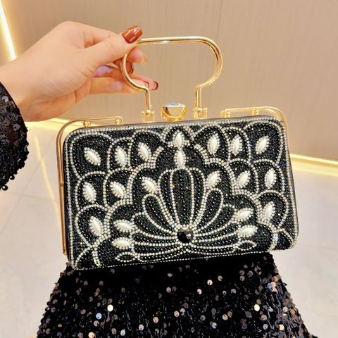Gold Silver Black Pu Leather Solid Color Pearls Square Evening Bags
