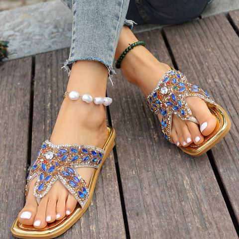 Women's Vacation Ethnic Style Solid Color Rhinestone Square Toe Thong Sandals