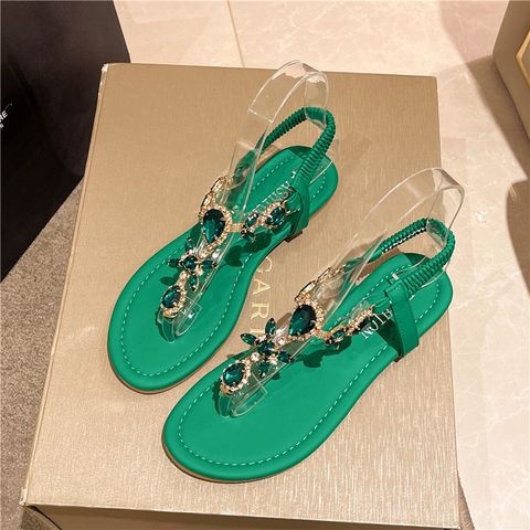 Women's Casual Solid Color Rhinestone Round Toe Thong Sandals